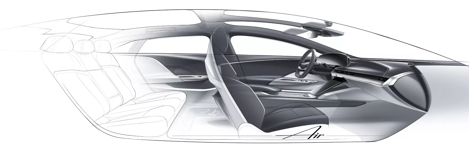 Konceptuell genomskinlig sidoprofilvy av en Lucid Air 2022 förstegenerationsbil, som visar den interna strukturen och layouten med en fyrsitskonfiguration, rymlig kabin, minimalistisk ratt och instrumentbräda, avsaknad av traditionell B-stolpe, sannolikt elektrisk drivlina, lätt och styv konstruktion samt aerodynamisk effektivitet.