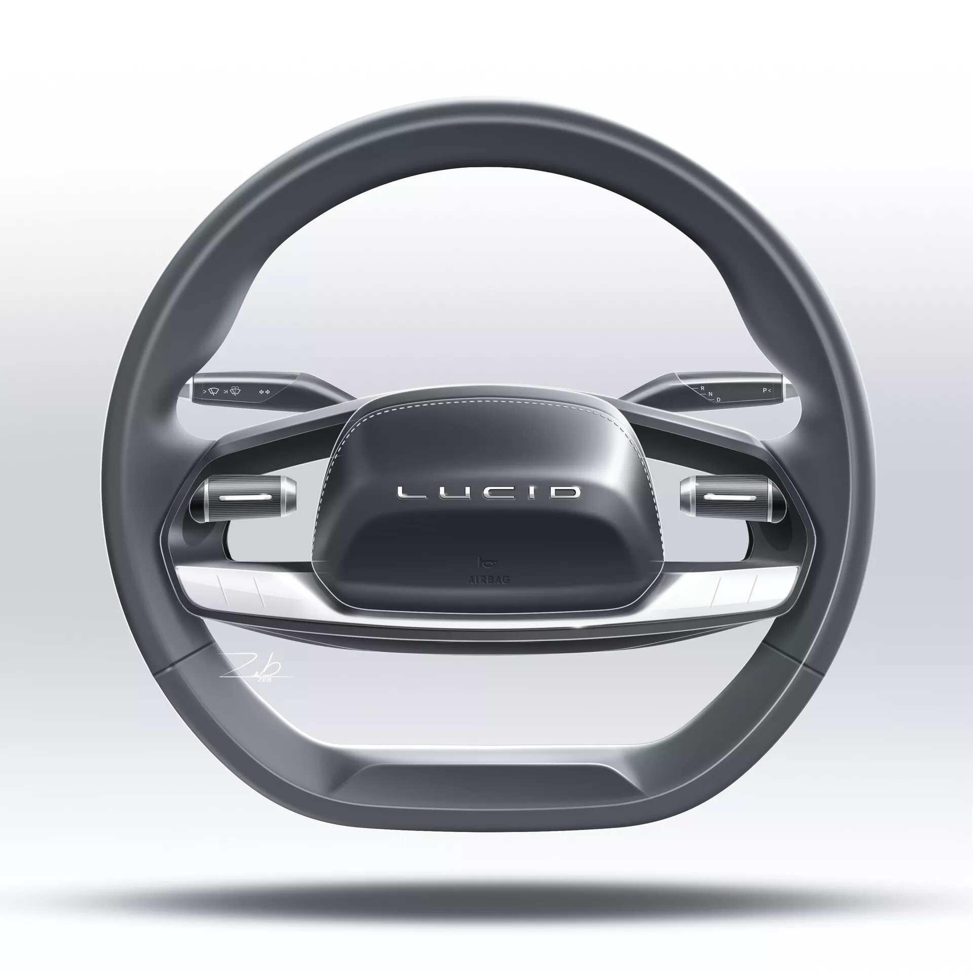 Närbild av den moderna, lyxiga ratten från Lucid Air 2022, med en minimalistisk tvåekrad layout med ergonomisk design, konturer för att förbättra greppet, interaktiva touchpaneler och knappar för bilens funktioner. Bilden är centrerad på ratten, vilket betonar den premium estetiken med sin metalliska yta och 'LUCID'-märkning, mot en suddig gråvit bakgrund.