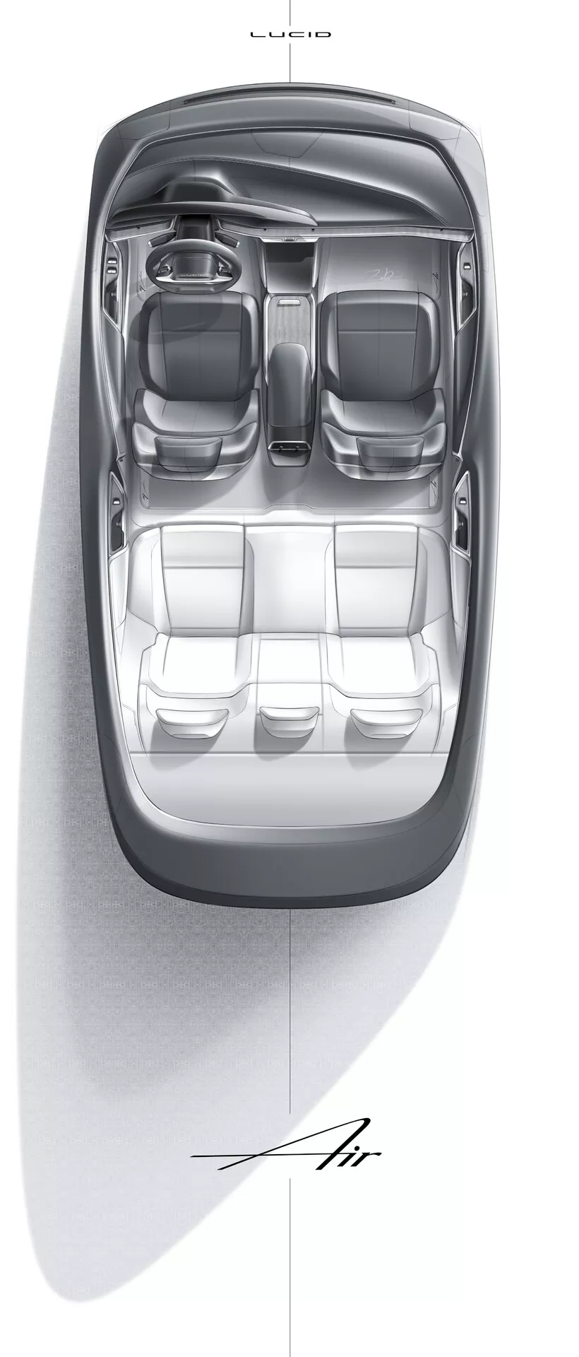 Vy ovanifrån av Lucid Air 2022 första generationens bilinteriör, som illustrerar en två-raders sittkonfiguration med främre individuella kaptensstolar, en mittkonsol och en rymlig, lyxig design med fokus på symmetri och komfort.