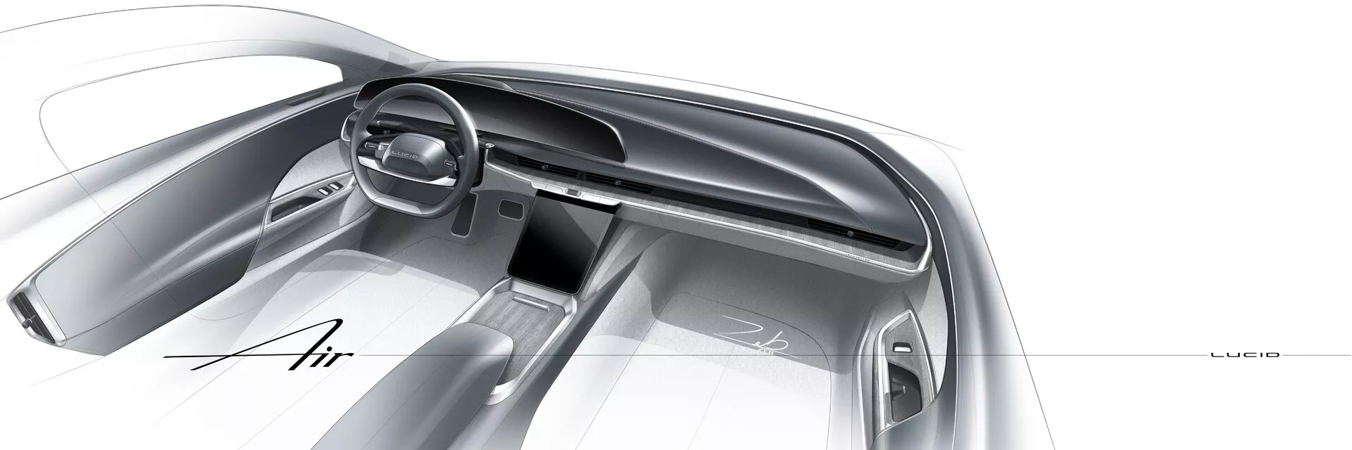 Konceptuell skiss eller digitalt renderad bild av interiören i Lucid Air 2022 (1:a generationen), vy från passagerarsidan. Har en elegant instrumentpanel, minimalistisk design, digitala skärmar bakom ratten och på mittkonsolen, modern cirkulär ratt med integrerade kontroller, och inskriptionen 'Air' på instrumentpanelen. Monokromatiskt färgschema med grå nyanser, vilket indikerar ett lyxigt, futuristiskt elfordon med avancerade kontrollgränssnitt.