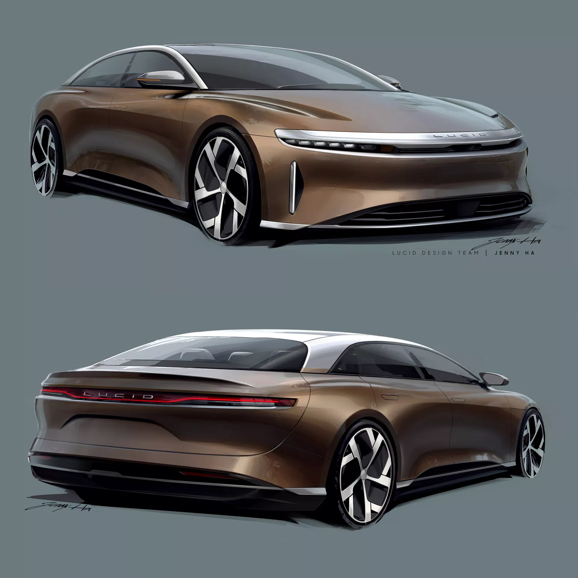 Två vinklade vyer av en Lucid Air 2022 bil, visad i en digital rendering. Övre halvan visar vänster framsida med en dynamisk, aerodynamisk design, lång motorhuv, stängd grill, smala strålkastare och stora fler-eker lättmetallfälgar. Nedre halvan visar höger bakdel med en slät fastback-stil profil, tunna bakljus, ljusstång och inga avgasutlopp. Bilen betonar en elegant estetik med modern lyx och avancerad elektrisk drivlineteknik.