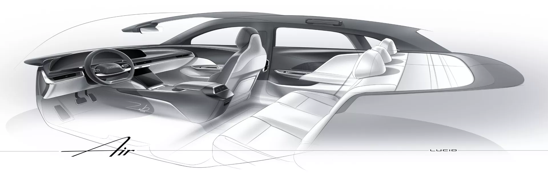 Konceptuell designs kiss av interiören i Lucid Air 2022, som visar en elegant instrumentpanel med flytande konturer, futuristisk ratt, fyra högkvalitativa ergonomiska säten, förlängd mittkonsol som troligen innehåller tryckkänsliga ytor, öppen förardörr utan B-stolpe för förbättrad tillgänglighet, stora fönster för maximal synlighet, plan golv som är typisk för elfordon och 'Air' märkning. Skissen betonar en minimalistisk, rymlig och modern kabindesign.