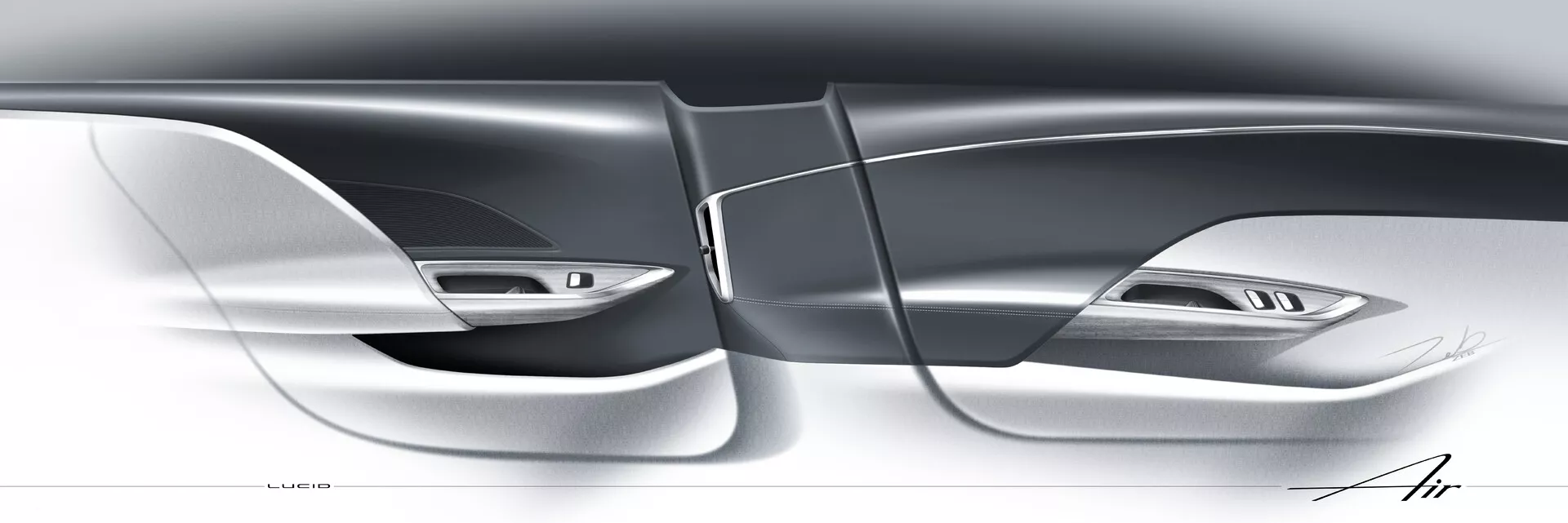 Stiliserad digital rendering av Lucid Air 2022 (1:a generationen), som visar en närbild av sidoprofilen med fokus på eleganta, aerodynamiska linjer och konturer. Bilden betonar fordonets moderna design, med infällda dörrhandtag och subtila springor mellan panelerna, vilket indikerar lyx och avancerad exteriörteknik. Avsaknaden av traditionella sidospeglar antyder användningen av avancerade baksystem med kameror. Denna konstnärliga illustration betonar innovativ fordonsdesign och högkvalitativa material.