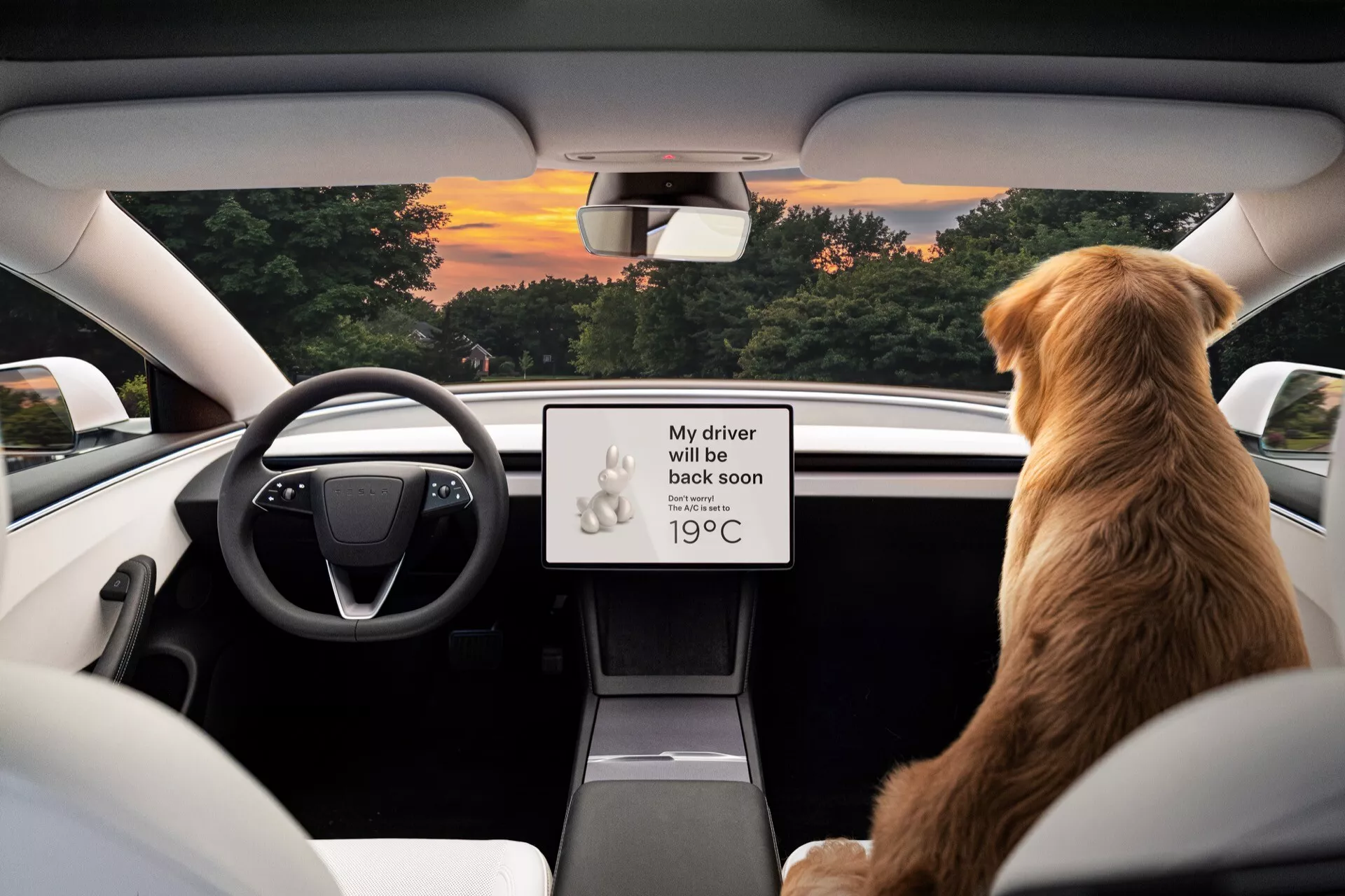 Interiörvy från baksätet av Tesla Model 3 2023 (1:a generationens ansiktslyft) som visar ratten med platt botten, central infotainment-skärm med meddelande om djursäkerhet, automatisk växellåda, modern minimalistisk design och utsikt över gryning eller skymning genom vindrutan.
