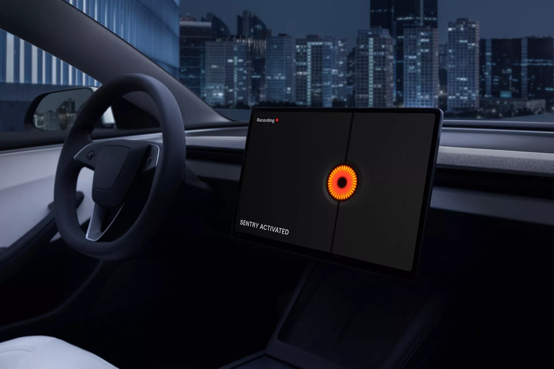 Interiörvy av Tesla Model 3 2023 (1:a Generationens Facelift) som visar den moderna, minimalistiska förarsidan med fokus på den innovativa digitala instrumentpanelen med meddelandet 'SYSTEM AKTIVERAT' mot en bakgrund av nattlig stadsmiljö