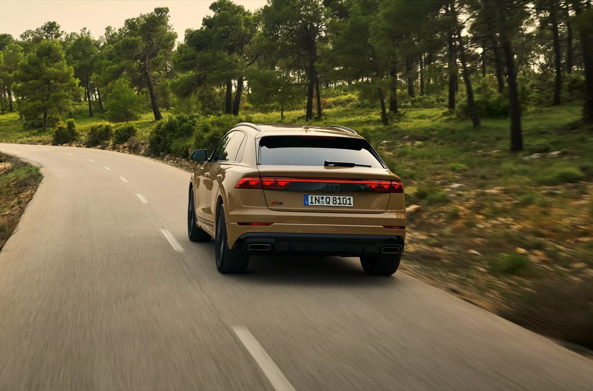 Bakifrån vy av en Audi Q8 2023 (4M-Facelift) som kör på en slingrande väg genom ett skogsområde, visar högra bakre kvarten med LED-baklampor, dubbelavgas och moderna designfunktioner