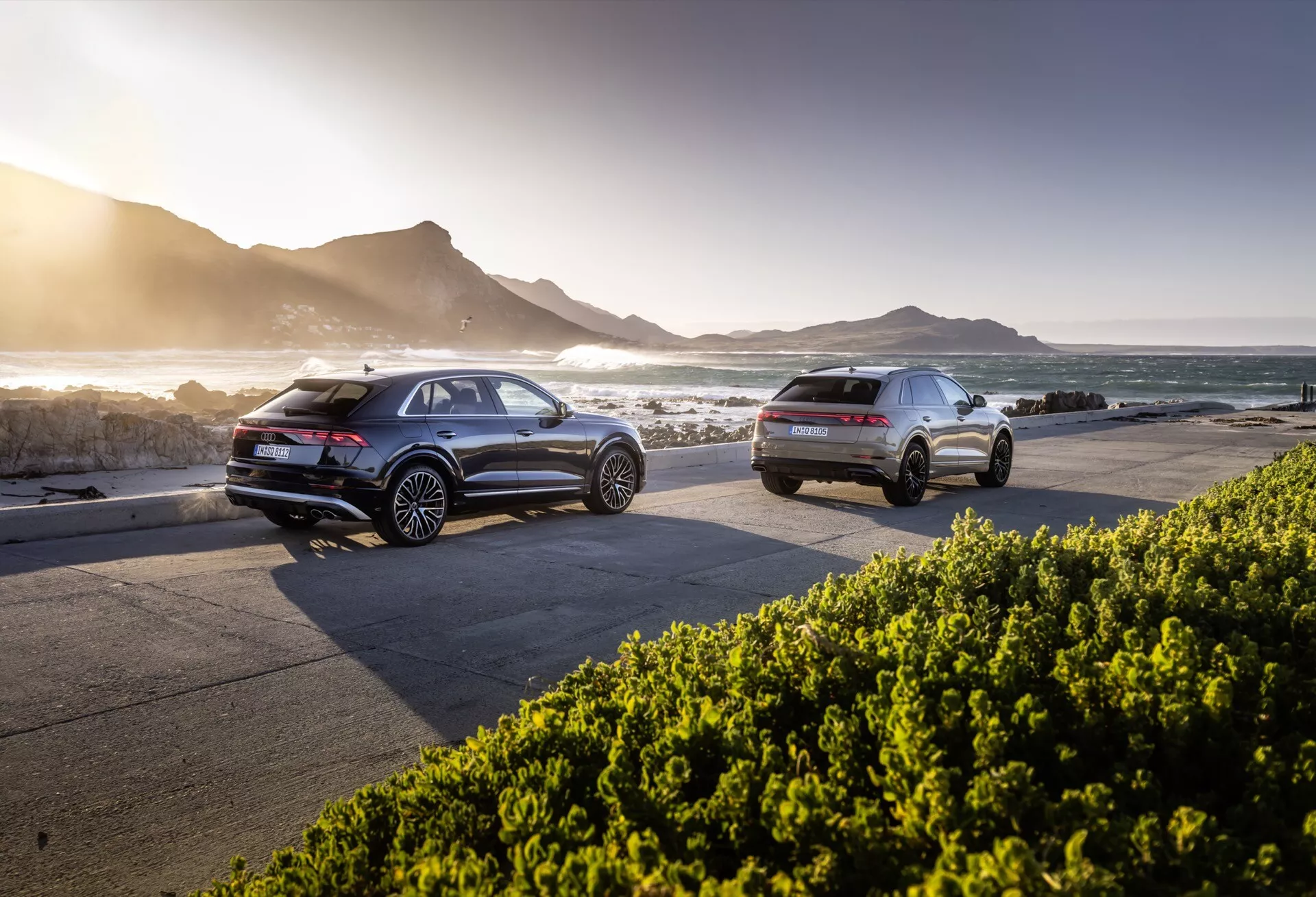 2023 års Audi Q8 4M-Facelift modeller parkerade sida vid sida på en kustväg vid solnedgången, med bak- och sidoprofiler, avancerad teknik och en naturskön havs- och bergsbakgrund