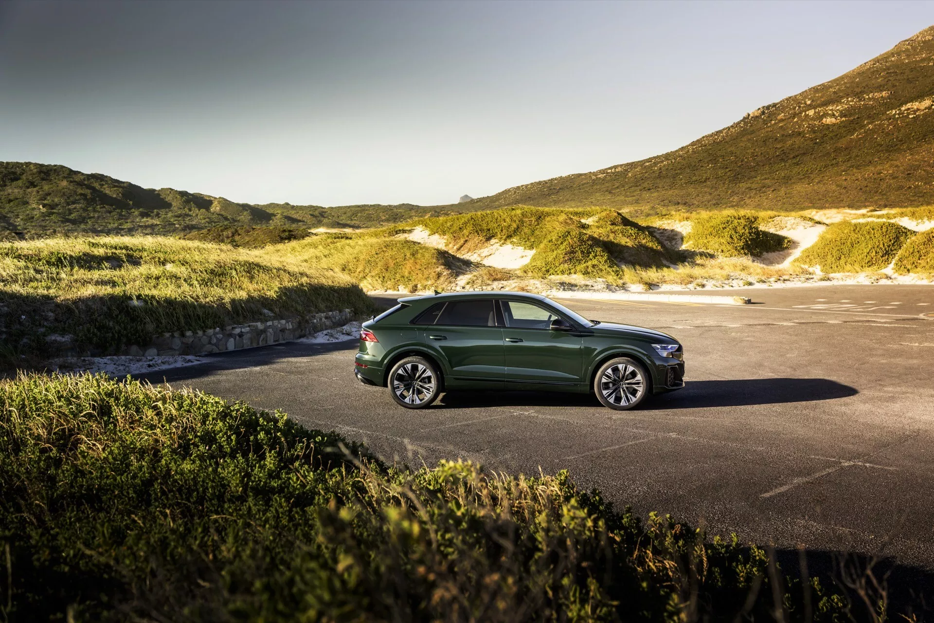 Audi Q8 2023 (4M-Facelift) i grönt parkerad med sin slanka aerodynamiska design och LED-strålkastare mot en naturskön bakgrund, möjligen kust- eller bergslandskap, under klar himmel