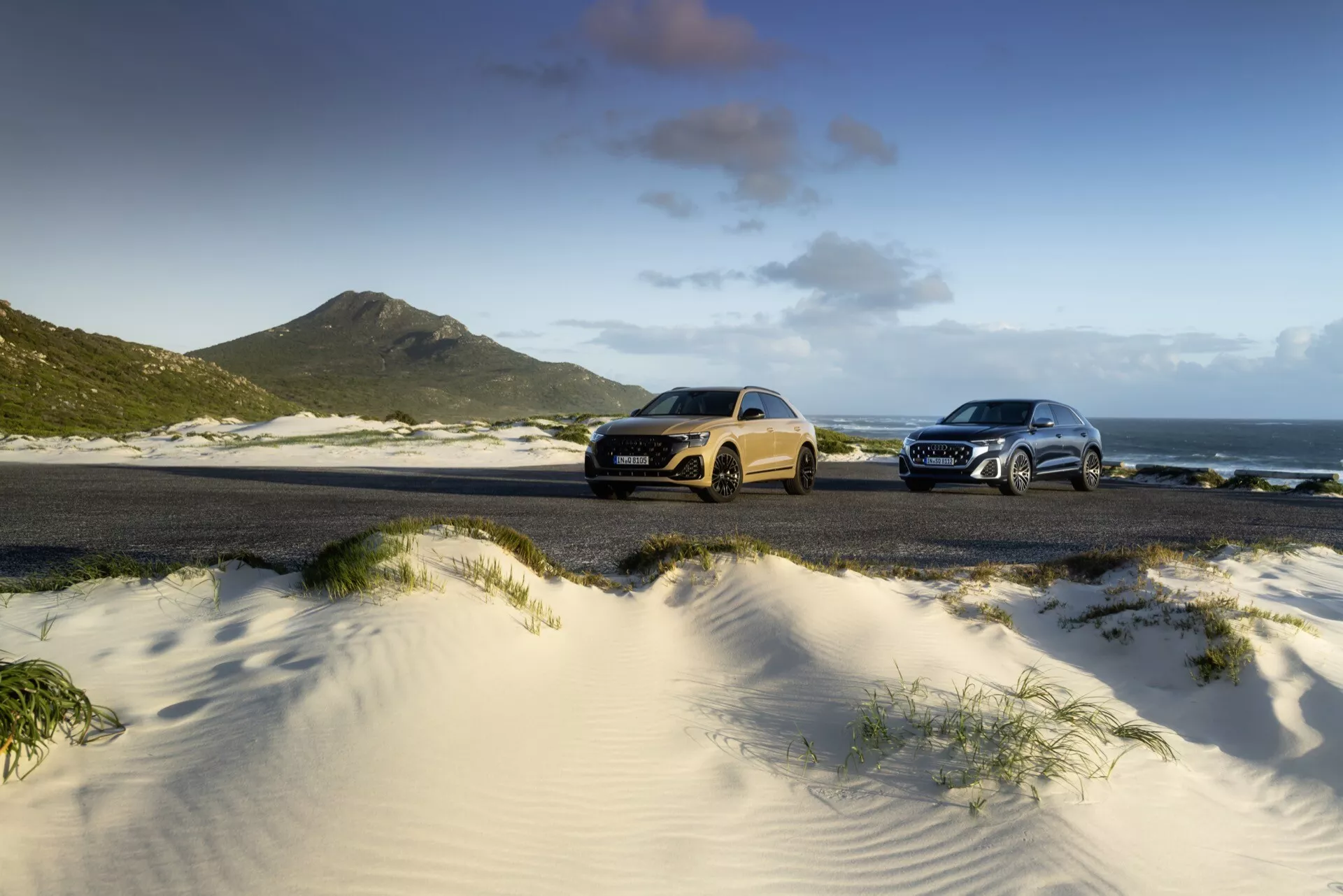 2023 Audi Q8 (4M-Facelift) modeller parkerade på en strand, visar sidoprofiler med havet och bergen i bakgrunden, under naturligt solljus