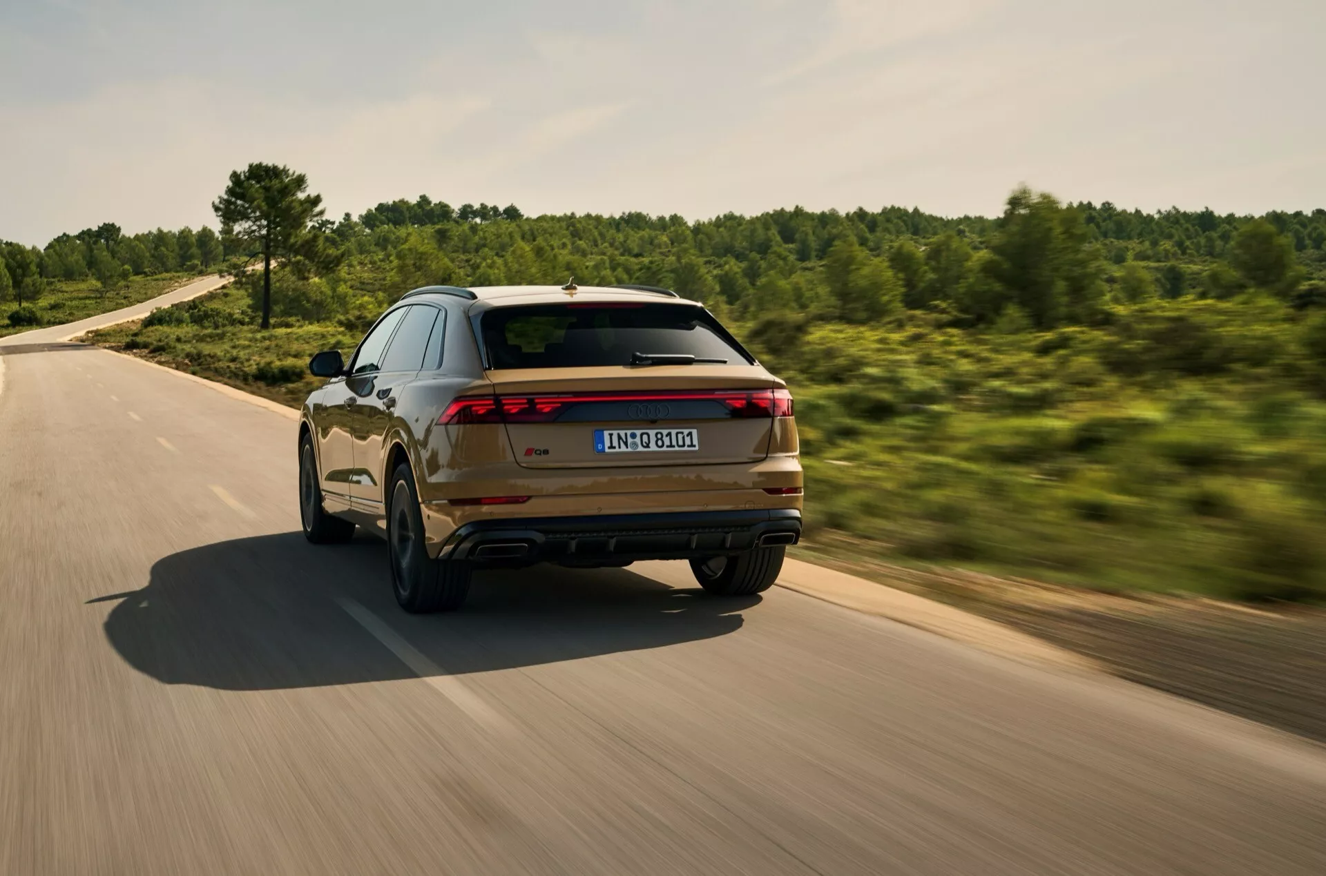 Audi Q8 2023 (4M-Facelift) kör iväg på en väg, visar bakifrån med kontinuerlig bakljusremsa, kraftigt lutande bakruta, takspoiler och rörelseoskärpa på lättmetallhjulen, omgiven av grönska.