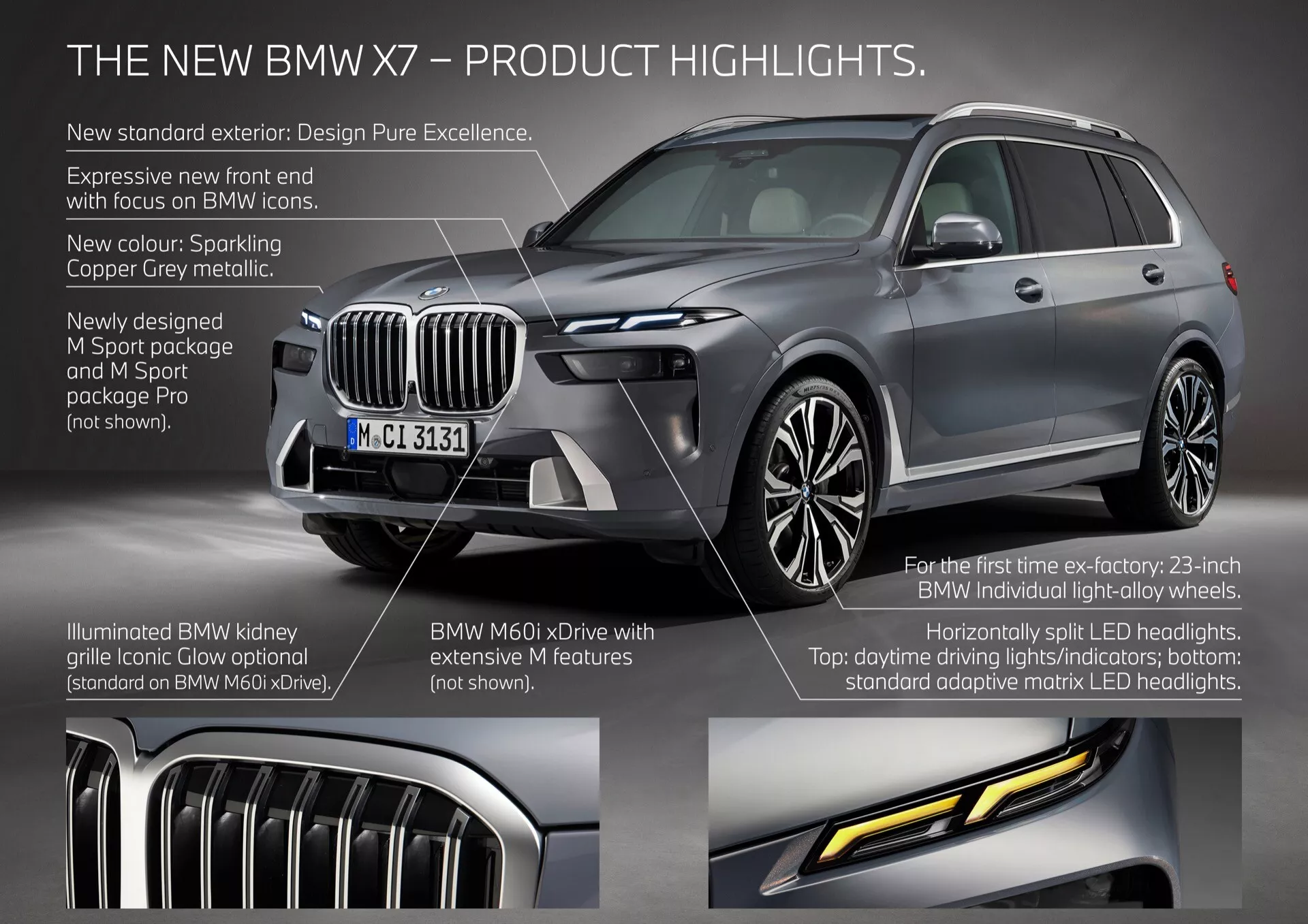 Detaljerad utforskning av BMW X7 2022 (G07 ansiktslyft) med en tre fjärdedelars framsida i sprakande koppar grå metallic, som framhäver den upplysta njurgrillen, adaptiva matris LED-strålkastare, 23-tums BMW Individual lättmetallhjul och designexcellens.