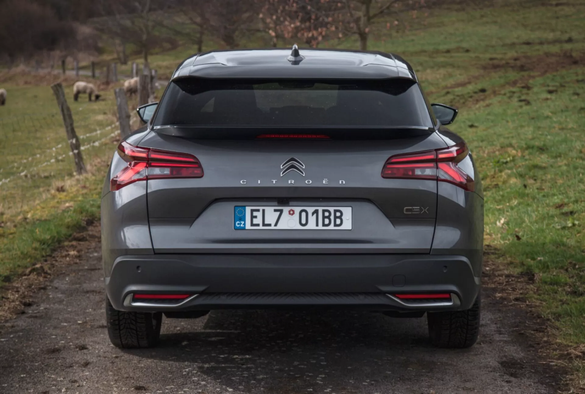 Bakvy av Citroën C5X 2022 på en grusväg med naturlig bakgrund, som visar LED-bakljus, parkeringsavståndskontroll, dubbla avgasrör och ytterligare exteriördetaljer.