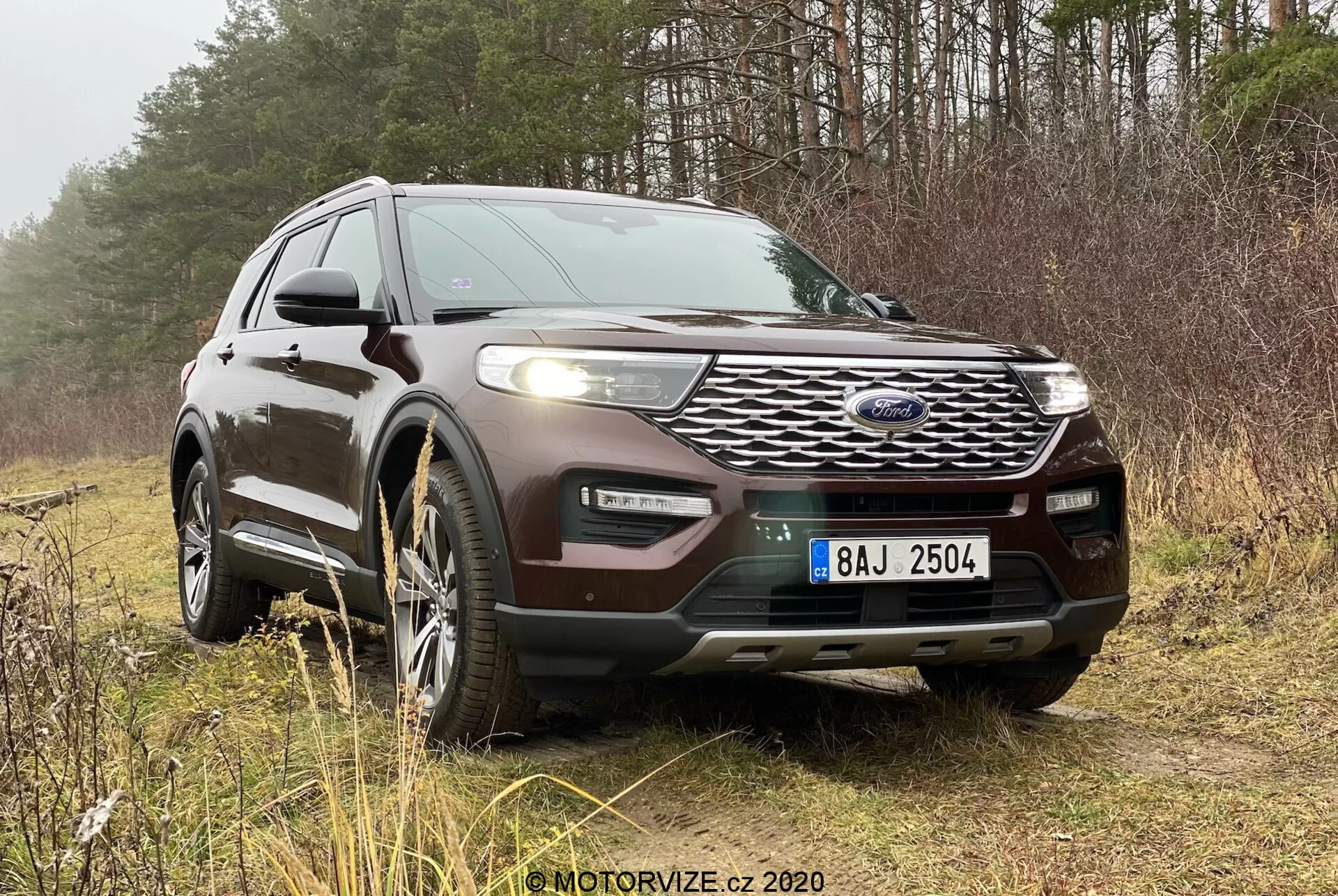 En Ford Explorer SUV från 2019 är parkerad på en gräs- eller växtyta i ett lantligt eller skogsområde, med träd i bakgrunden. Fotot är taget i en främre trekvartsvinkel som visar SUV:ens fram- och sidoprofil, inklusive detaljer som grill, strålkastare, dimljus, hjul och främre stötfångare. Synliga funktioner inkluderar ett frontmonterat radarsystem eller sensorer för adaptiv farthållare, intrikata LED-strålkastare och legeringshjul. Fordonet har också en främre skyddsplåt, takräckesystem och möjligen ett panoramasoltak. Fotot är taget under naturligt, molnigt ljus, vilket framhäver bilens design och lämplighet för terrängmiljöer.