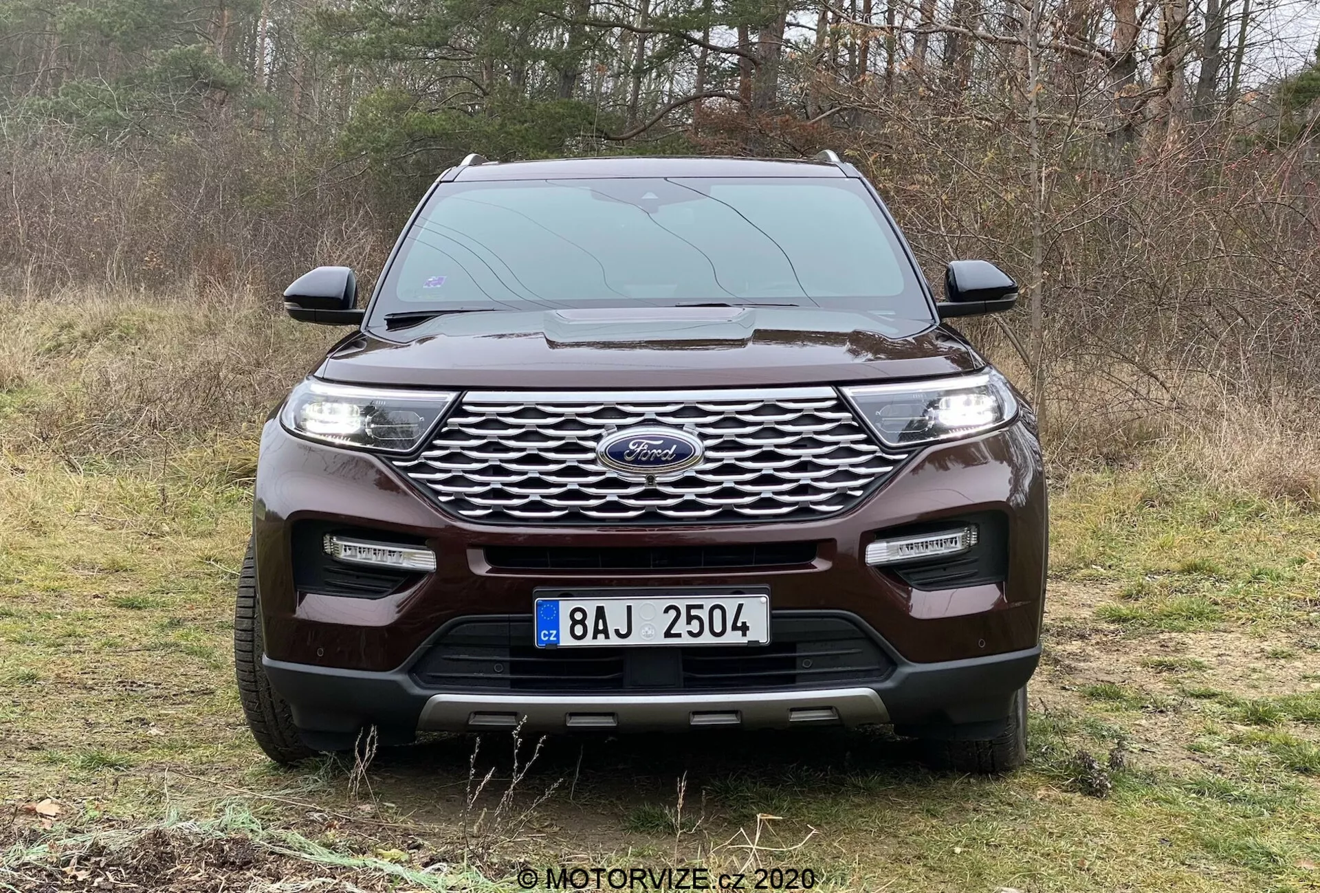 Frontal vy av 2019 Ford Explorer SUV, parkerad på ett gräsområde med träd i bakgrunden och visar den moderna fordonets exteriöra egenskaper. Framträdande grill med nätmönster och centrerad emblem, smala LED-strålkastare, robust främre stötfångare med dimljus, silverdetalj för robust utseende och synliga aerodynamiska konturer på huven. Lämplig för diskussioner om fordonsdesign, säkerhetsteknik och terrängfunktioner.