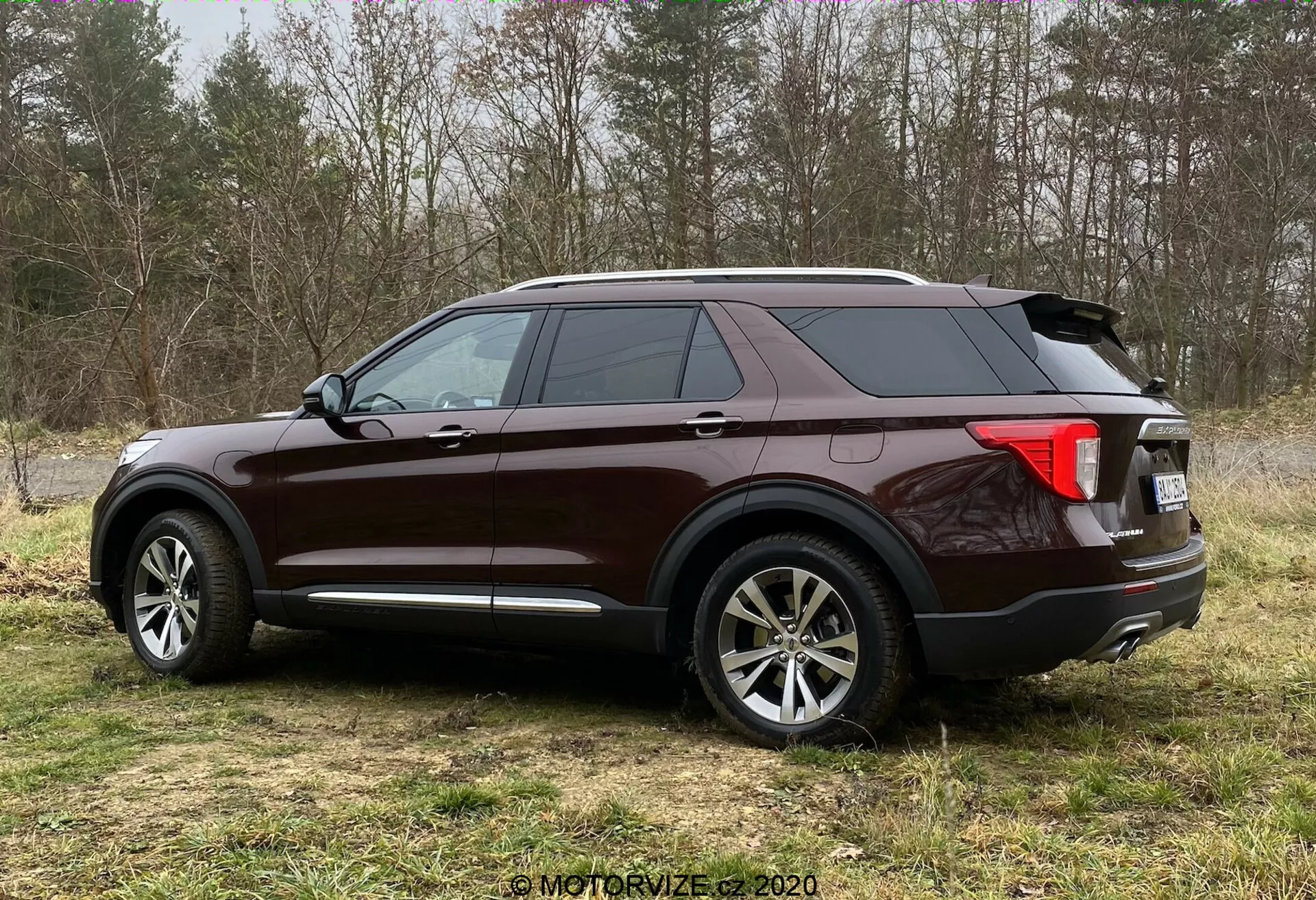 Sidovy av en 2019 Ford Explorer SUV i rik burgunder blankt utförande, placerad på ett gräsbevuxet område med en halvskogs bakgrund. Trekvarts vinkel visar stora multieker lättmetallfälgar, sluttande bak taklinje, tonade rutor, framträdande sidoramlinje, rundande bakljus troligen med LED, hajfena antenn, kromdetaljer, takräcke och dubbelt avgasystem.