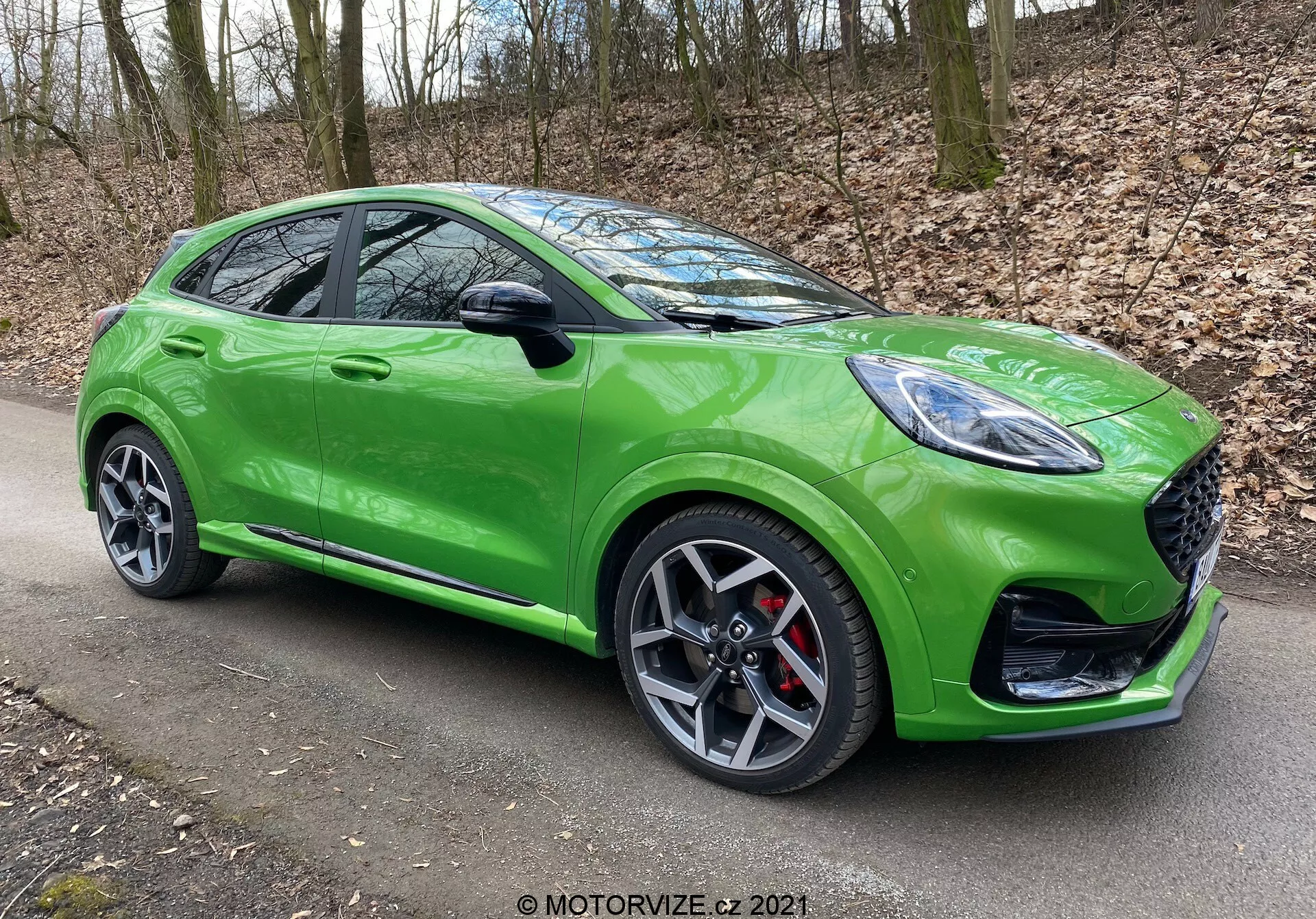 Bilden visar en livfull grön Ford Puma 2020 (Puma-ST) fångad från en trekvarts främre vinkel på en smal väg med skogsbakgrund. Vy över bilens slimmade, sportiga design med lågprofilerad motorhuv, aggressiv frontstötfångare, stora luftintag och avancerad strålkastarteknik framgår tydligt. Stora flerspåriga lättmetallfälgar med röda bromsok och en bikakeformad främre grill förstärker dess prestandainriktade estetik.