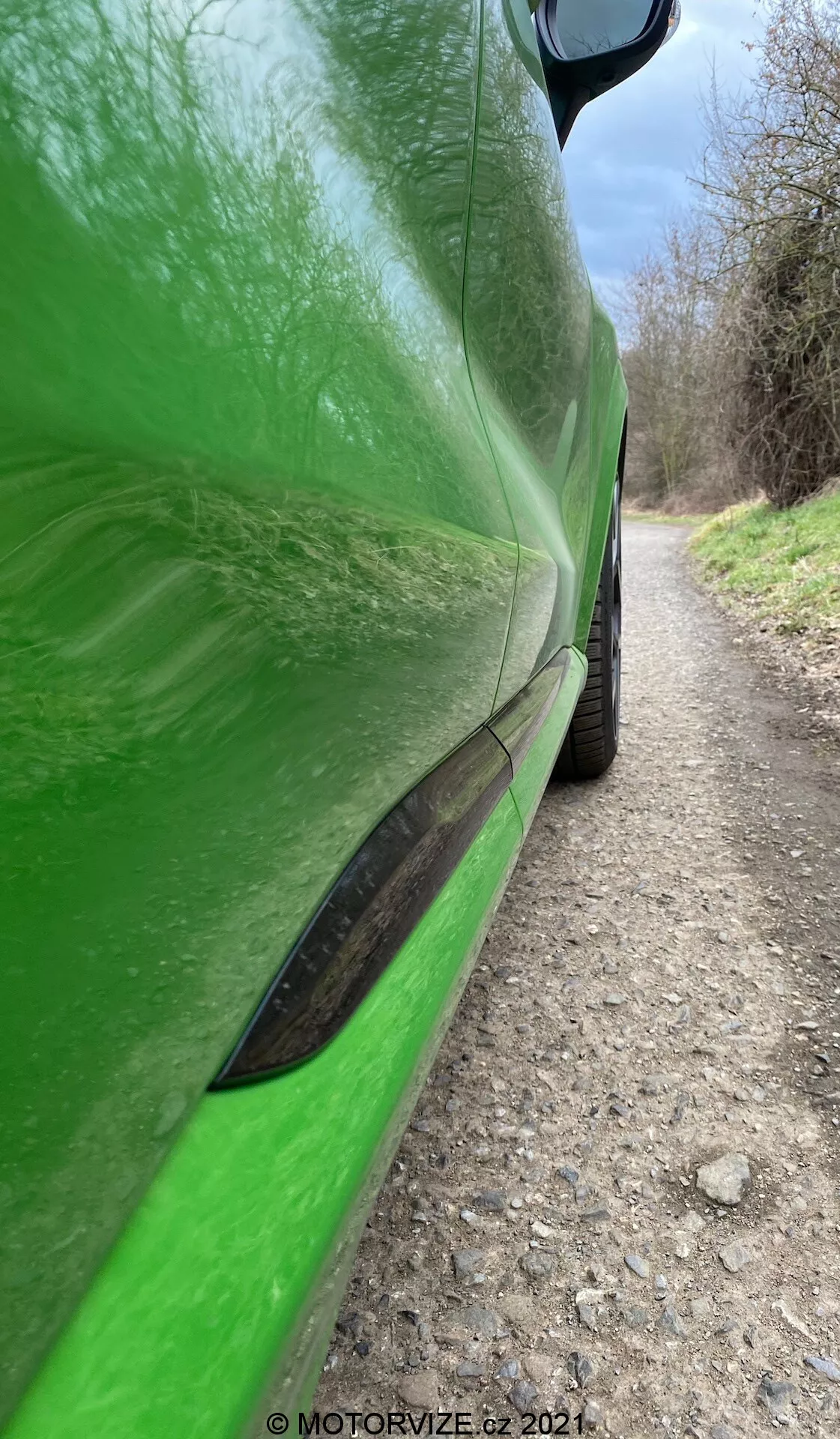 Närbild av en sida av en ljusgrön Ford Puma 2020 (Puma-ST) bil, som visar detaljer från den bakre hjulbågen till sidospegeln med fokus på förardörrens område. Den högblanka lacken reflekterar en naturlig omgivning inklusive träd och en stig. Framträdande egenskaper inkluderar en elegant svart sidokjol, en uttalad karaktärslinje tvärs över dörren och en smal vent på den nedre delen av dörren. Den övre delen av hjulhuset och däcket är synliga, såväl som sidospiegeln med svart hölje i övre högra hörnet. Bilden betonar bilens dynamiska linjer och konturer.