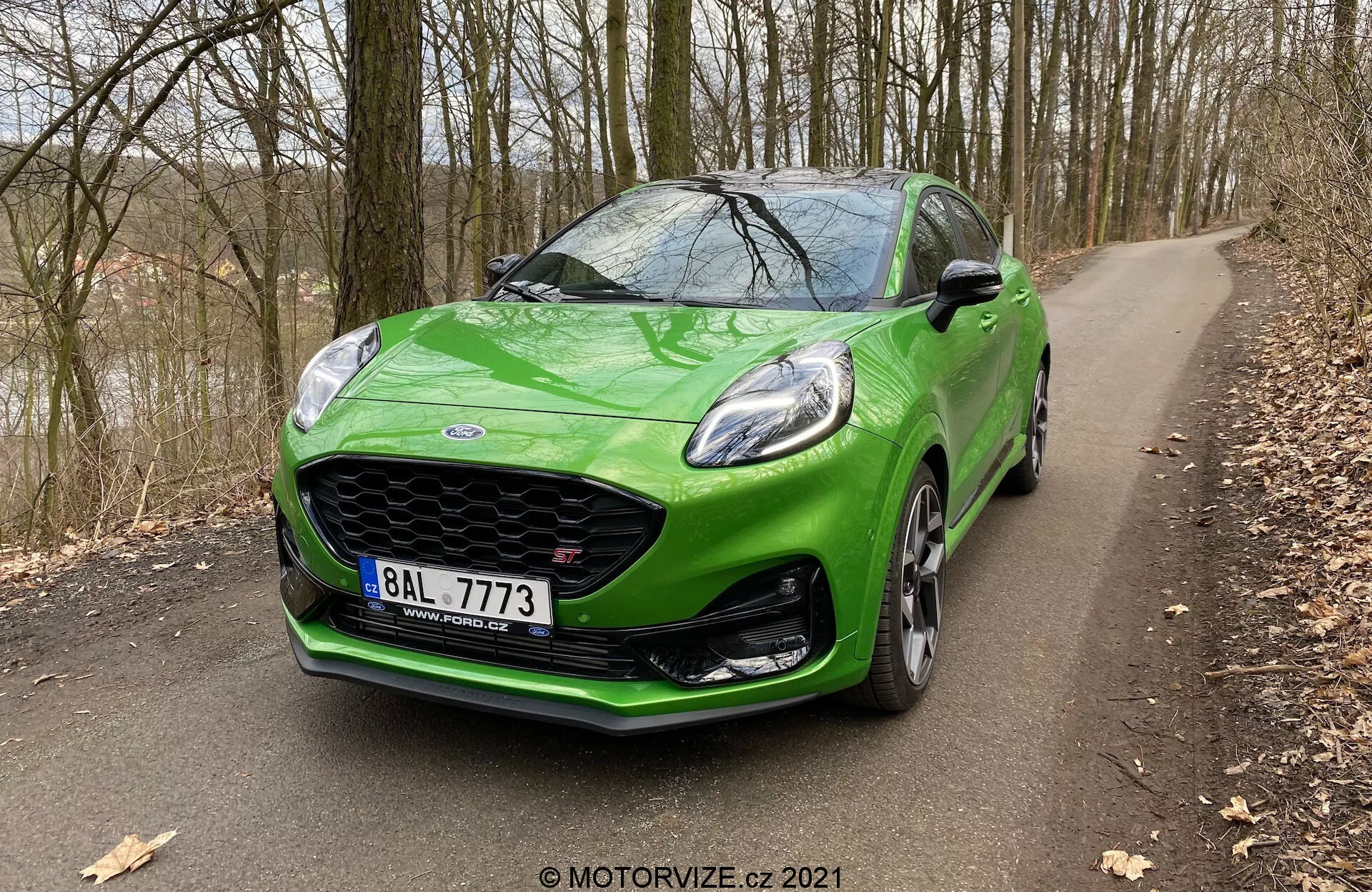 Ljusgrön Ford Puma 2020 ST från en trekvarts framvy, som visar dess eleganta strålkastare, grill med Ford-logotyp, sportig stötfångardesign med dimljus, aerodynamisk motorhuv, flereker fälgar av aluminium och sidospeglar med integrerade blinkers, fångad på en smal väg bland lövlösa träd och vintergröna växter i en sen höst eller tidig vintermiljö.