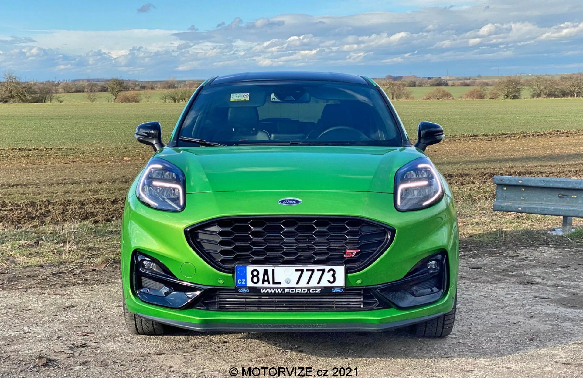 En framåtvänd vy av en grön Ford Puma ST 2020 parkerad i ett öppet, naturligt landskap under dagtid, som visar upp den sportiga frontgrillen med ett nätmönster, avlånga LED-strålkastare, en central registreringsskylt och en svart främre stötfångardel som möjligen är utrustad med integrerade sensorer.
