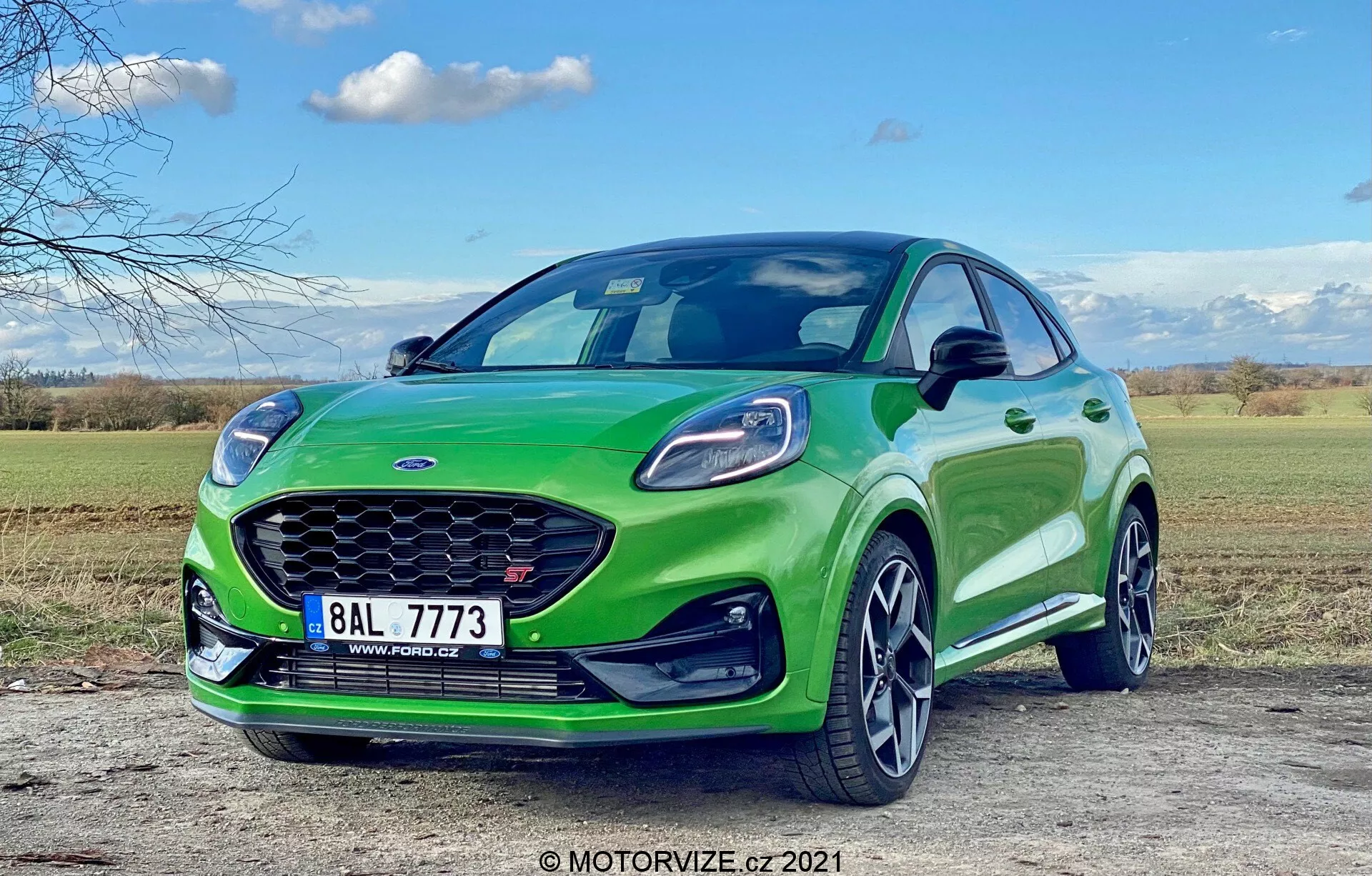Låg vinkelvy av en Ford Puma ST 2020, som visar förarsidan framifrån med LED-dagljus i strålkastarens design, stor främre grill, aerodynamiska linjer på motorhuven, lättmetallfälgar och sidospeglar med integrerade blinkers. Den livfullt gröna bilen är parkerad utomhus under dagsljus, i kontrast mot en klar himmel och ett naturligt landskap.