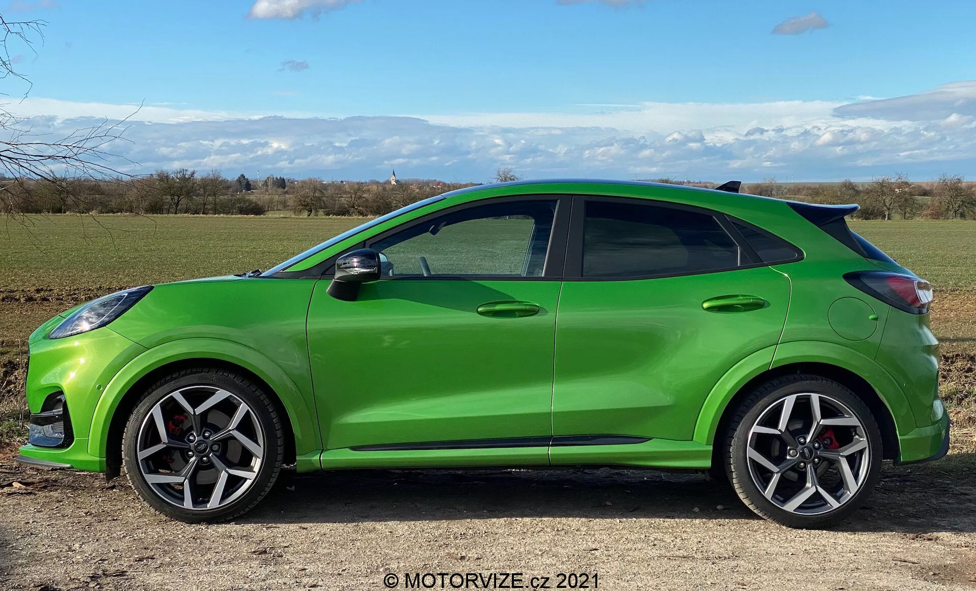 Sidprofil av en livlig grön Ford Puma ST 2020 kompakt halvkombi, med stora svarta flerspoked hjul, röda bromsok, väl definierad sidoskirt, aggressiva sidobackspeglar, skarpa karosslinjer, tonade rutor och takspoiler, placerad på ett torrt gräsfält med bara träd och en molnig himmel i bakgrunden.