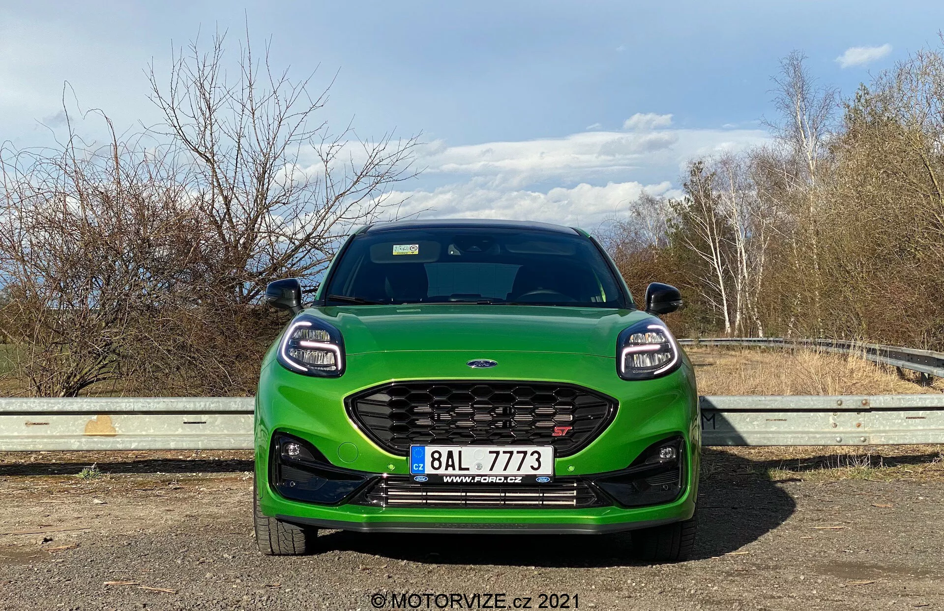 Framifrån vy av en ljusgrön Ford Puma ST 2020 som visar den svarta sexkantiga frontgrillen med honungskakemönster, det framträdande märkesemblemet, de eleganta och uttrycksfulla strålkastarna troligen med LED-dagninslyktor, den aerodynamiskt designade motorhuven, den europeiska registreringsskylten och den nedre främre stötfångaren med eventuella luftintag eller dimljusen. Den livfulla och glansiga lacken reflekterar en klar himmel med synliga träd och landskap i bakgrunden, vilket indikerar att bilen är väl underhållen.