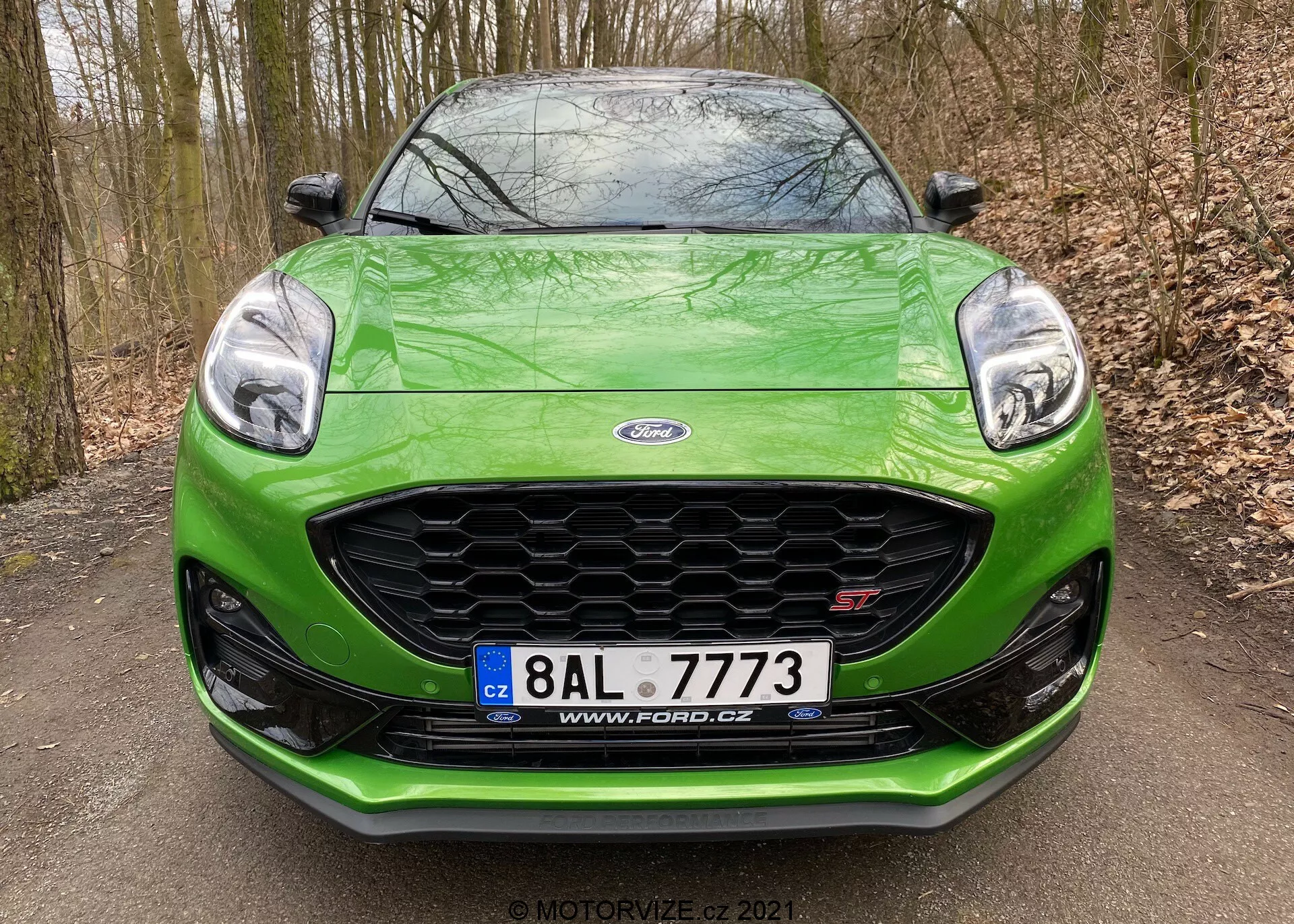 Frontal vy av en ljusgrön Ford Puma 2020 i en naturlig skogsmiljö, som visar motorhuven, bikakemönstrat galler med Ford-emblem, skarpa kantiga strålkastare, främre stötfångaren med splitters, integrerade dimljus och en centralt monterad registreringsskylt.