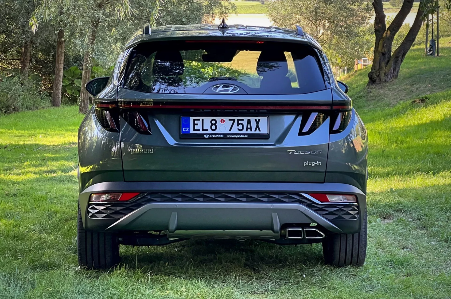 Baksida av Hyundai Tucson SUV 2020 på gräsbevuxen sluttning med skogsbakgrund, visar bakluckans logotyp, Tucson och Hybrid emblem, Plug-in skylt, reflekterande ljus, dynamiska bakljus, bakrutetorkare, högt monterat bromsljus, dubbla avgasändar, silverfärgade skidplattor och AWD märke.