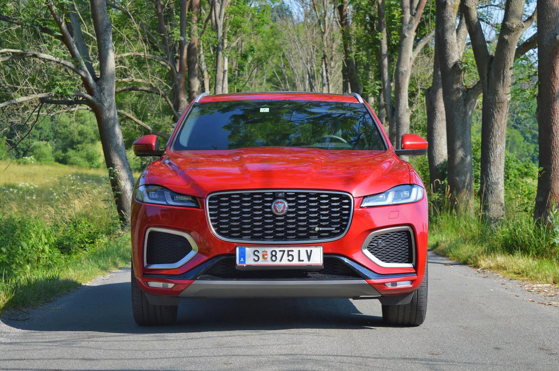 Frontalvy av en röd 2021 Jaguar F-Pace SUV parkerad på en asfalterad väg, med en framträdande grill med ett distinkt mönster och ett centralt emblem. Den sportiga fronten inkluderar breda luftintag, ytterligare intag med sportiga detaljer och en antydan till ett skyddsblad. Skarpa LED-strålkastare, dimljus och aerodynamiska linjer på huven betonar prestandan. Svarta detaljer i den nedre stötfångarområdet framhäver fordonets sportiga utseende, med en lövrik bakgrund.