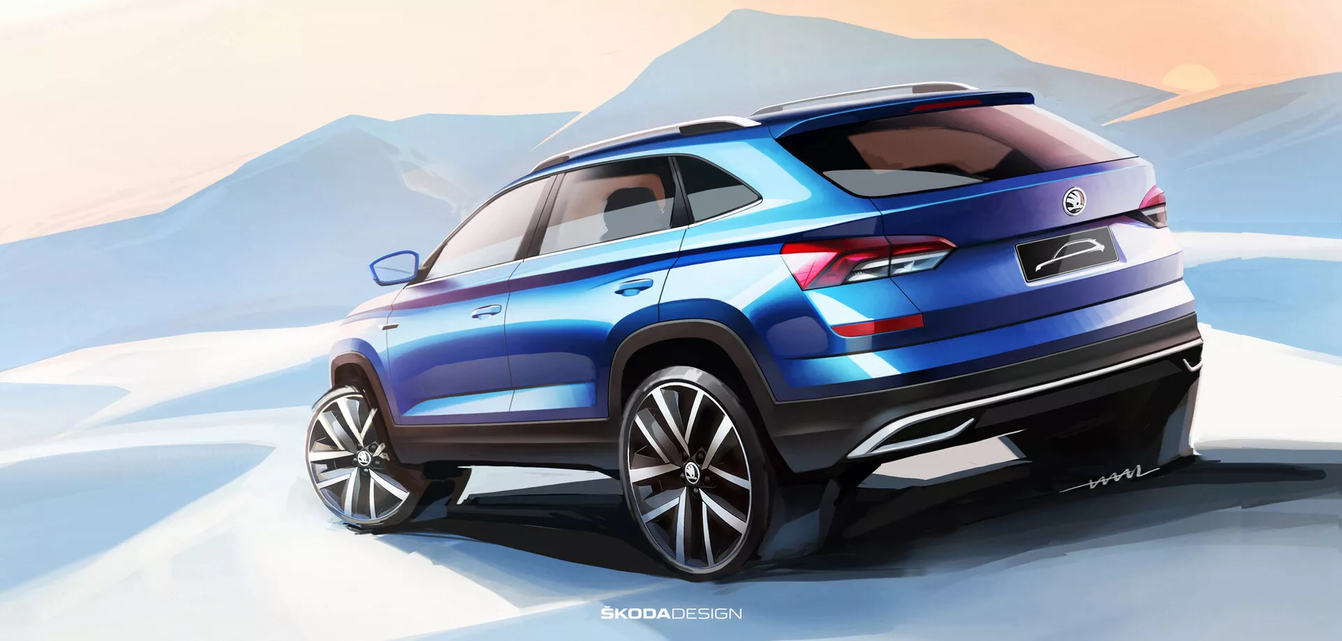 Konceptuell rendering av Skoda Kamiq 2019 som visar en modern crossover SUV i livligt blått, med en dynamisk vy från bakre tre fjärdedelar med snygga LED-bakljus, stora legeringshjul och sportiga designelement mot en abstrakt bergig bakgrund