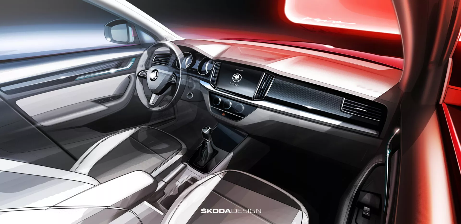 Interiörvy av en Skoda Kamiq 2019 med fokus på instrumentpanelen och främre kabinutrymmet från passagerarens perspektiv, med en modern ratt med integrerade kontroller, en instrumentbräda med metalldekor och luftventiler, en central pekskärmsdisplay för infotainmentsystemet och antydningar av en elegant automatväxel och mittkonsol