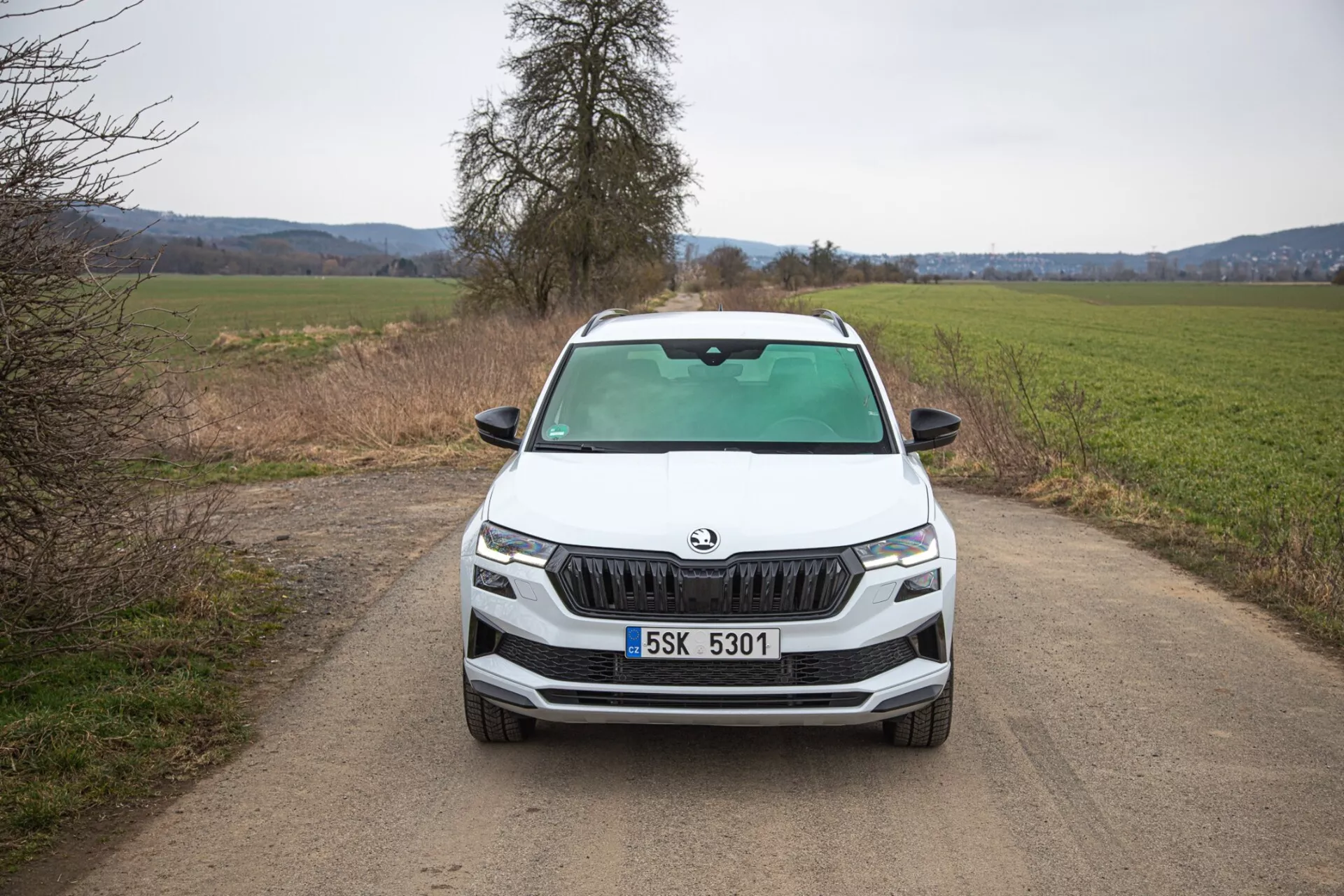 SUV Škoda Karoq 2021 visar en direkt främre vy på en smal, oasfalterad landsväg, med fokus på Škodas distinkta grill, skarpa LED-strålkastare, dimljus i svart trim för potentiell terrängkapacitet, dynamiska huva linjer och avancerade främre änden teknikfunktioner.