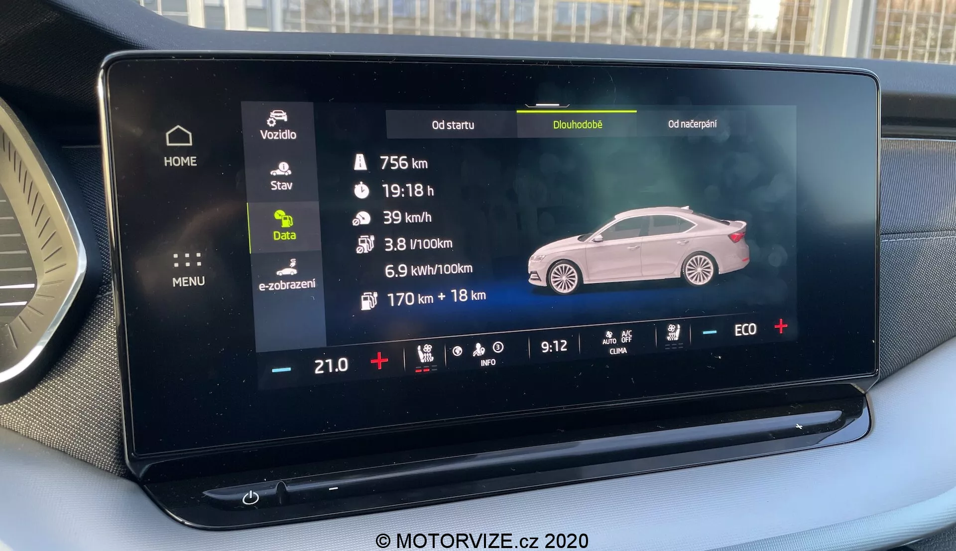 Infotainmentskärm i en Skoda Octavia Limousine 2020 som visar fordonsstatus, diagnostik och klimatinställningar, med en sidoprofilillustration av en sedan.