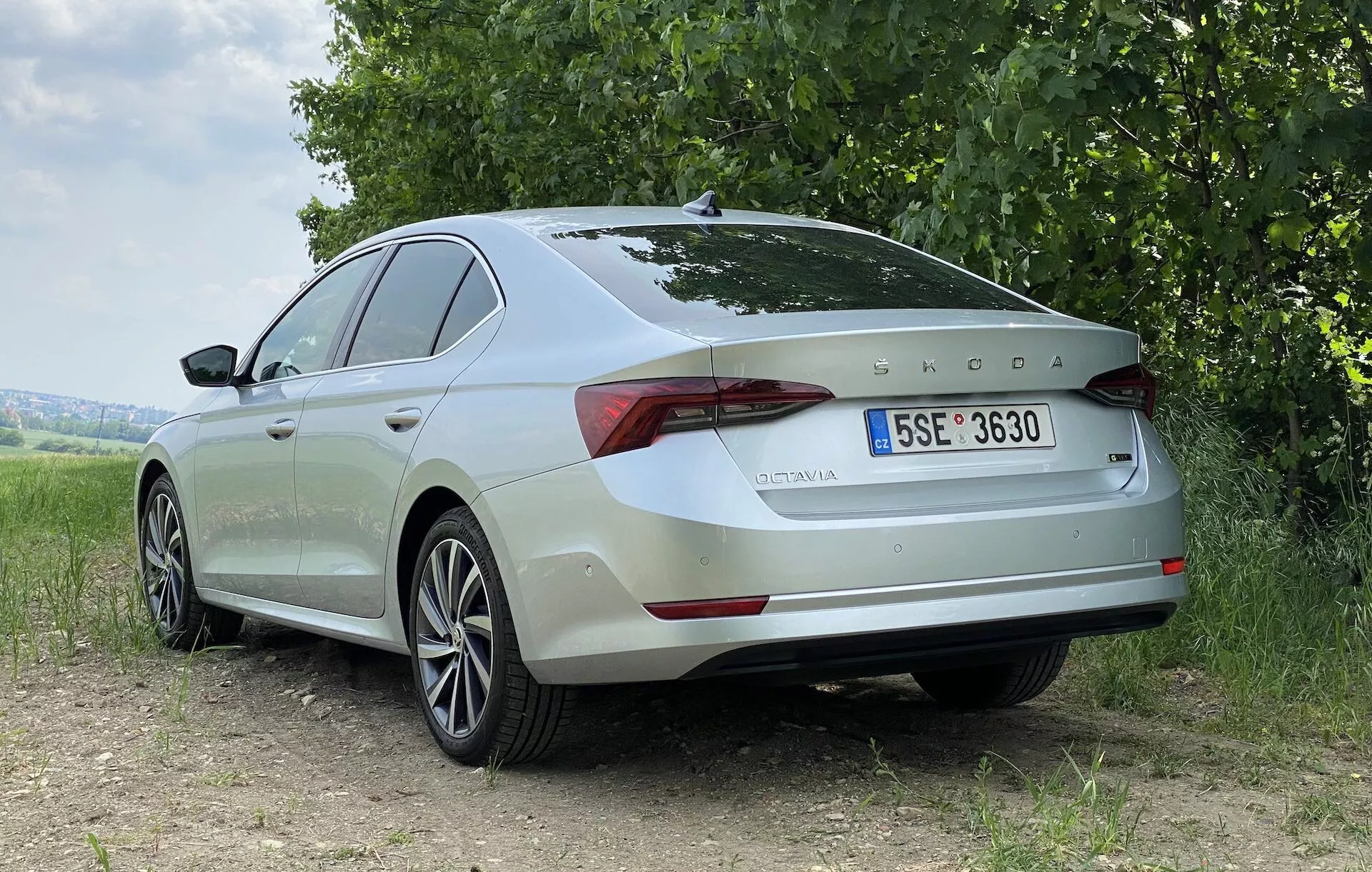 Bakre trekvarts vy av en ljusfärgad Skoda Octavia sedan från 2020 på en grusväg med gräs och träd i bakgrunden. Fotografiet framhäver bilens bakre och sidoprofil, med släta linjer, konturerade ytor, aluminiumfälgar och eleganta LED-bakljus. Skoda-emblemet och modellnamnet 'OCTAVIA' är tydligt synliga på bakluckan, tillsammans med en europeisk registreringsskylt. Naturligt, mjukt ljus framhäver bilens designelement utan hårda skuggor, vilket tyder på en mulen himmel eller diffus solbelysning.