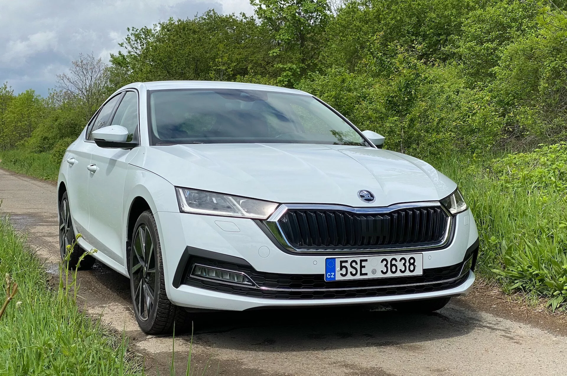 Närbild, trekvarts framifrån vy av den moderna 2020 Skoda Octavia Limousine, som framhäver dess framträdande frontgaller med vertikala lameller, eleganta LED-strålkastare, skulpterade motorhuvslinjer, sofistikerad främre stötfångare med dimljus eller sensorer och flerekrade lättmetallfälgar, med en naturlig, grön bakgrund.