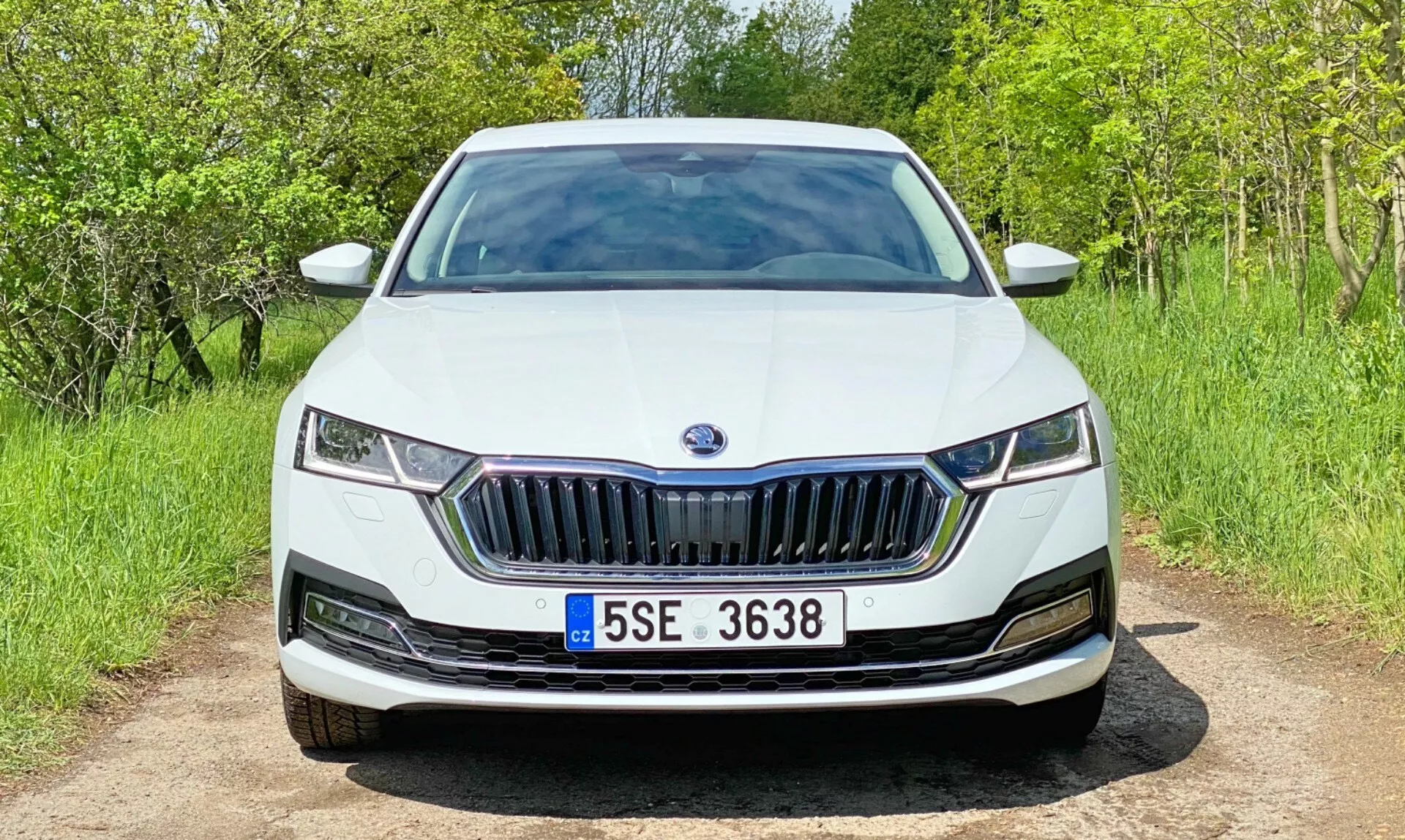 Frontal vy av en vit Skoda Octavia 2020 (Octavia-Limousine) på en grusväg. Bilden fångar hela fronten, inklusive den framträdande grillen med vertikala ribbor, eleganta LED-strålkastare, smidigt integrerad främre stötfångare och minimalistiska nedre luftintag. Motorhuven har subtila konturlinjer och tillverkarens emblem är centralt placerat på grillen. Bilen befinner sig i en naturlig miljö med grönska och lövverk i bakgrunden.