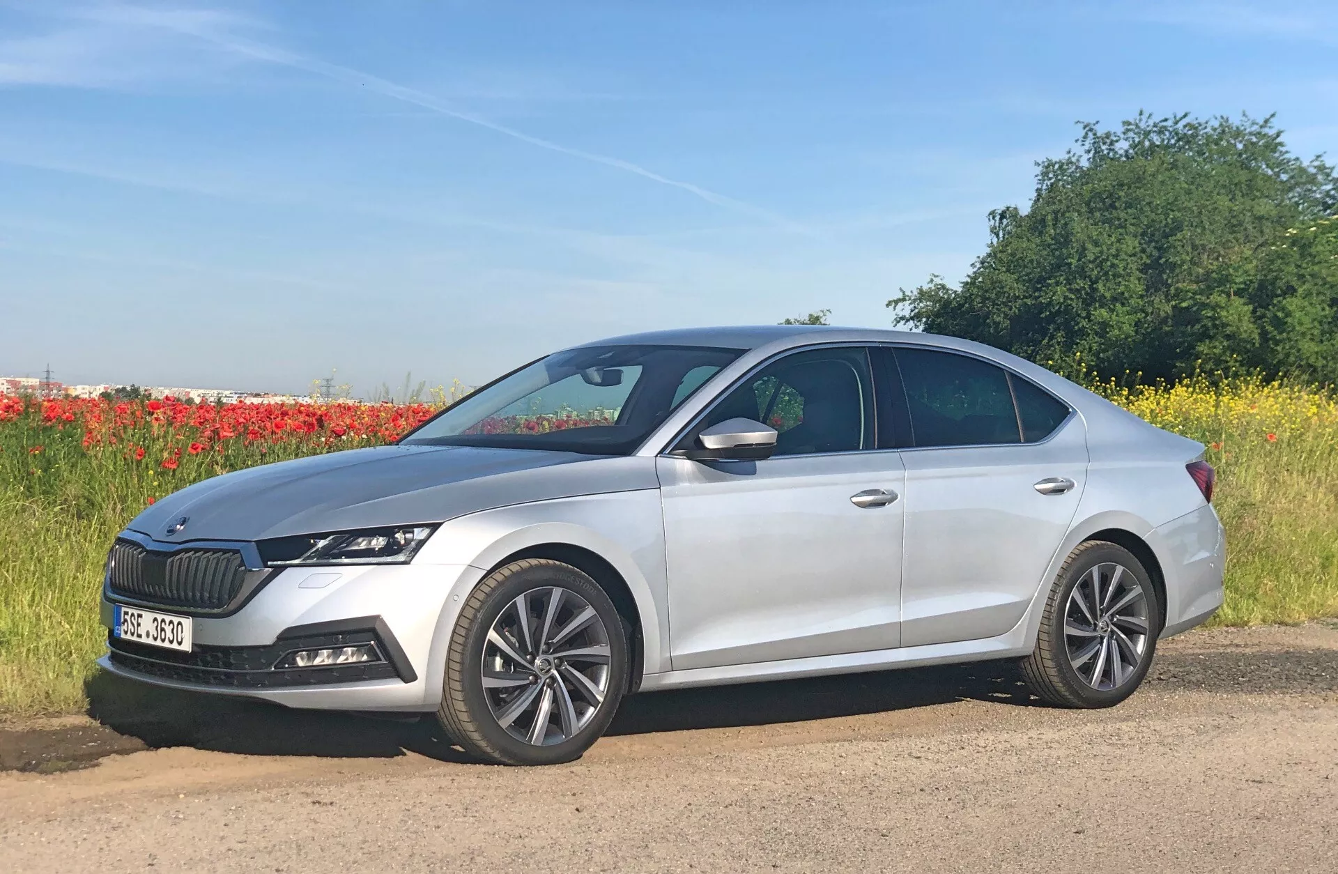 Bilden visar en fyrdörrars silverfärgad sedan, specifikt Skoda Octavia 2020 (Octavia-Limousine), parkerad bredvid en väg med en naturlig bakgrund som inkluderar ett fält och en rad träd. Fotograferad från en sido profilvinkel något framför bilen, den visar fler-ekrade aluminiumhjul, eleganta vinklade LED-strålkastare och en framträdande grill med vertikala ribbor. Den moderna designen inkluderar skulpterade karosslinjer och en sluttande taklinje med yttre speglar med integrerade blinkers. Andra synliga egenskaper inkluderar en bakre antenn och sensorer på den främre stötfångaren, vilket indikerar avancerade förarassistanssystem.
