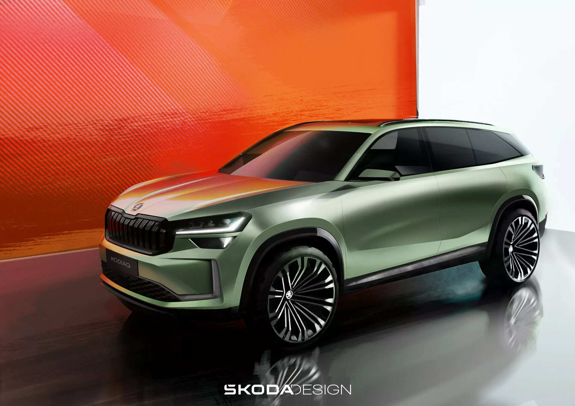 Låg vinkel tre fjärdedels framsida vy av en Škoda fordon koncept rendering, som visar den dynamiska frontgrillen, slanka strålkastare och sportig sida profil mot en abstrakt varm gradient bakgrund