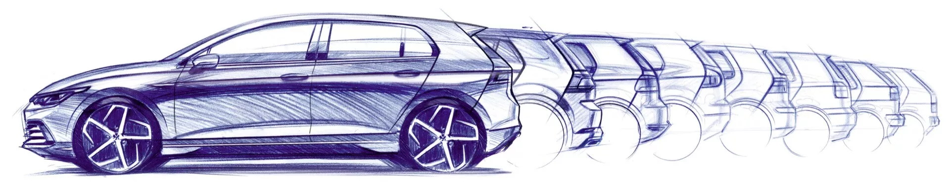 Konstnärlig framställning av 2024 VW Golf VIII med ansiktslyft i rörelseoskärpningseffekt för att förmedla hög hastighet