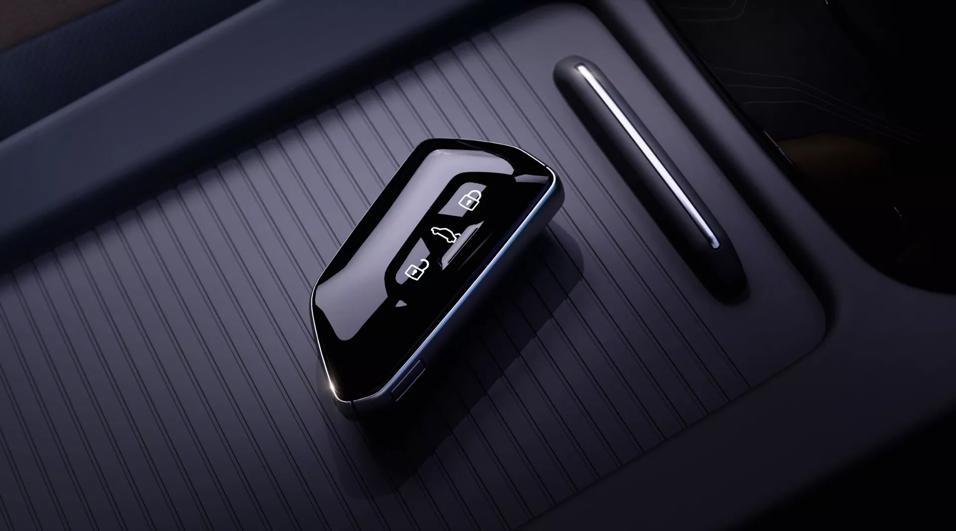 Volkswagen ID4 2020 1:a generationens bilnyckelknippa vilar på en texturerad yta inom fordonets interiöravdelning, med elegant design och knappar för nyckeloperationer som dörrlåsning/upplåsning, under mjuk, låg nyckelbelysning.